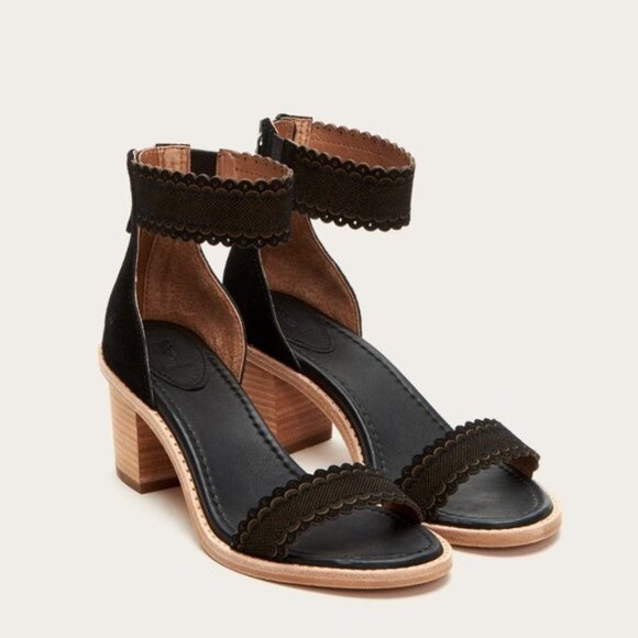 $349 Frye Black Brielle Black Scallop Suede Leather Zip Up Heeled